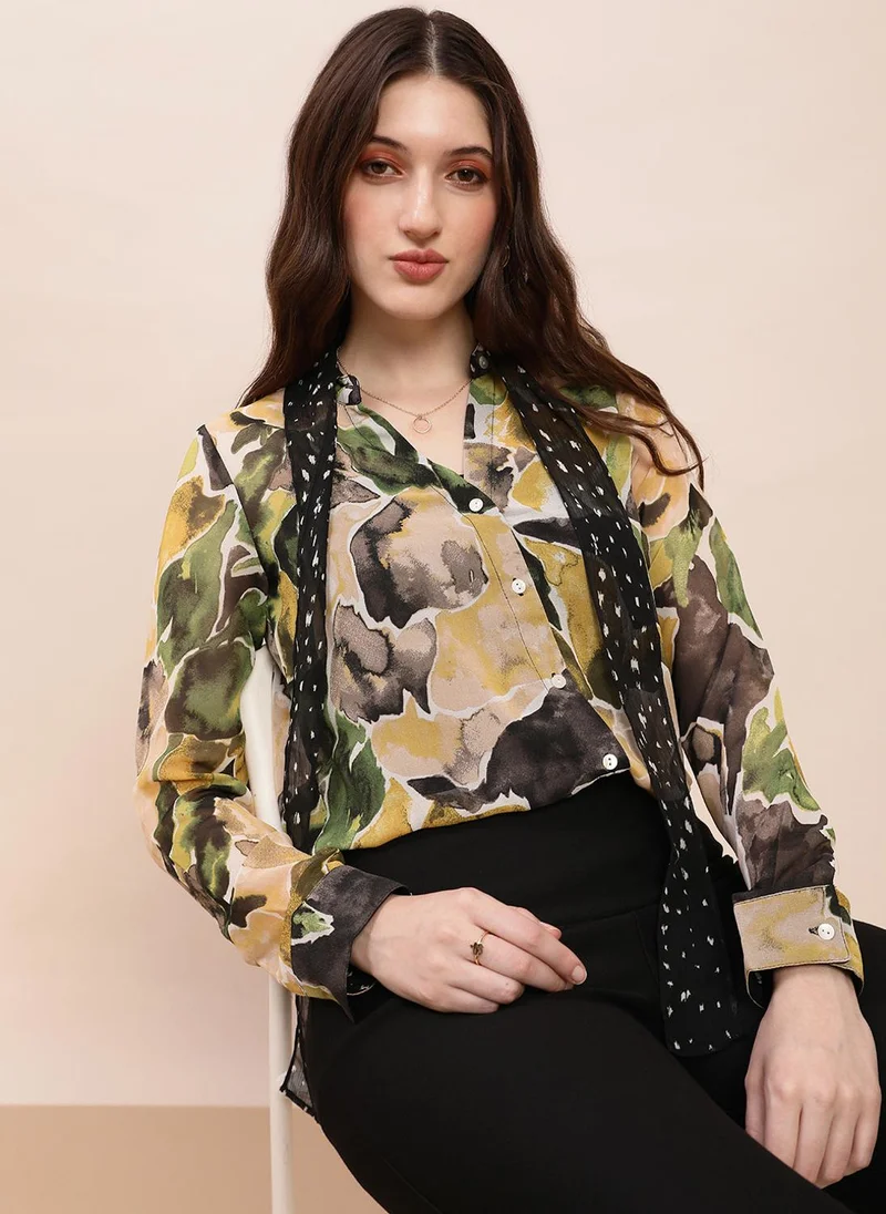 globus Globus Women Olive Collared Neck Tie Detail Cuffed Sleeves Abstract Print Georgette Shirt